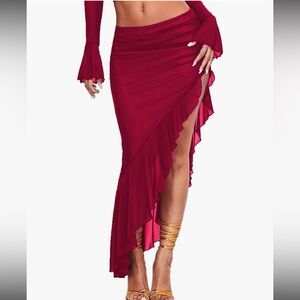 Women’s high waisted asymmetrical ruched mesh flowy ruffle trim midi long skirt